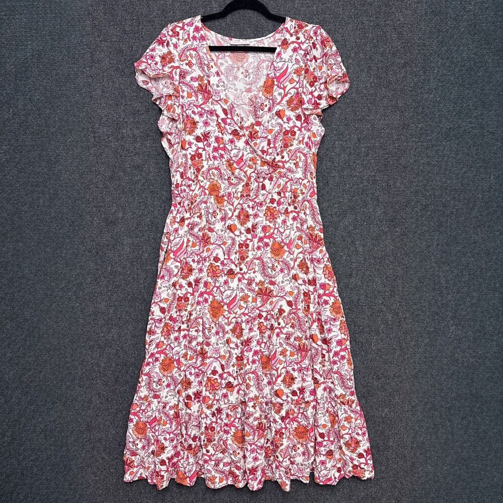 Knox Rose Midi Dress L Boho Prairie Western Orange Pink Floral Flutter Sleeve